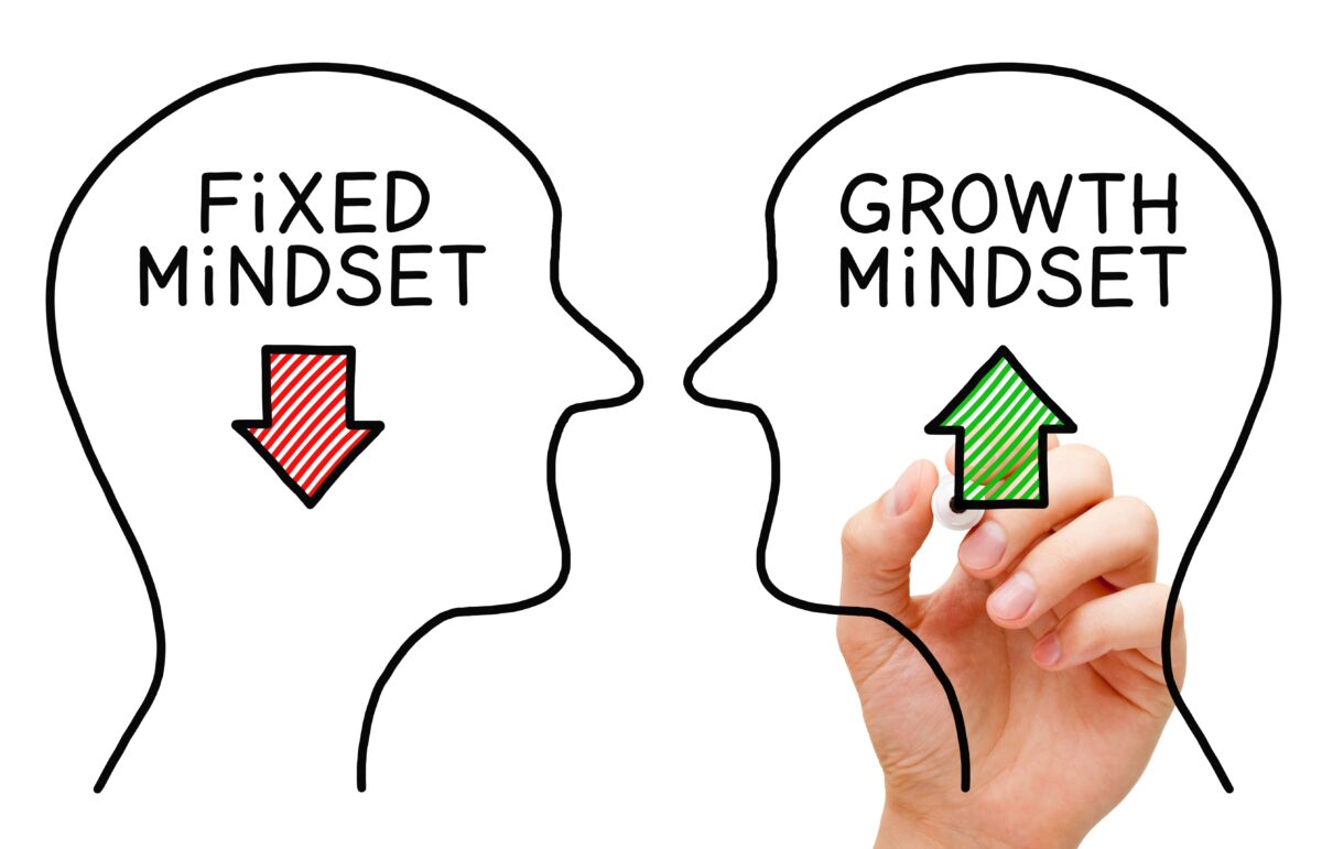 Fremtidens fysioterapi krever at vi endrer oss. Tegning av to hodet hvor et har et "fixed mindsep" og det andre har et "growth mindset"