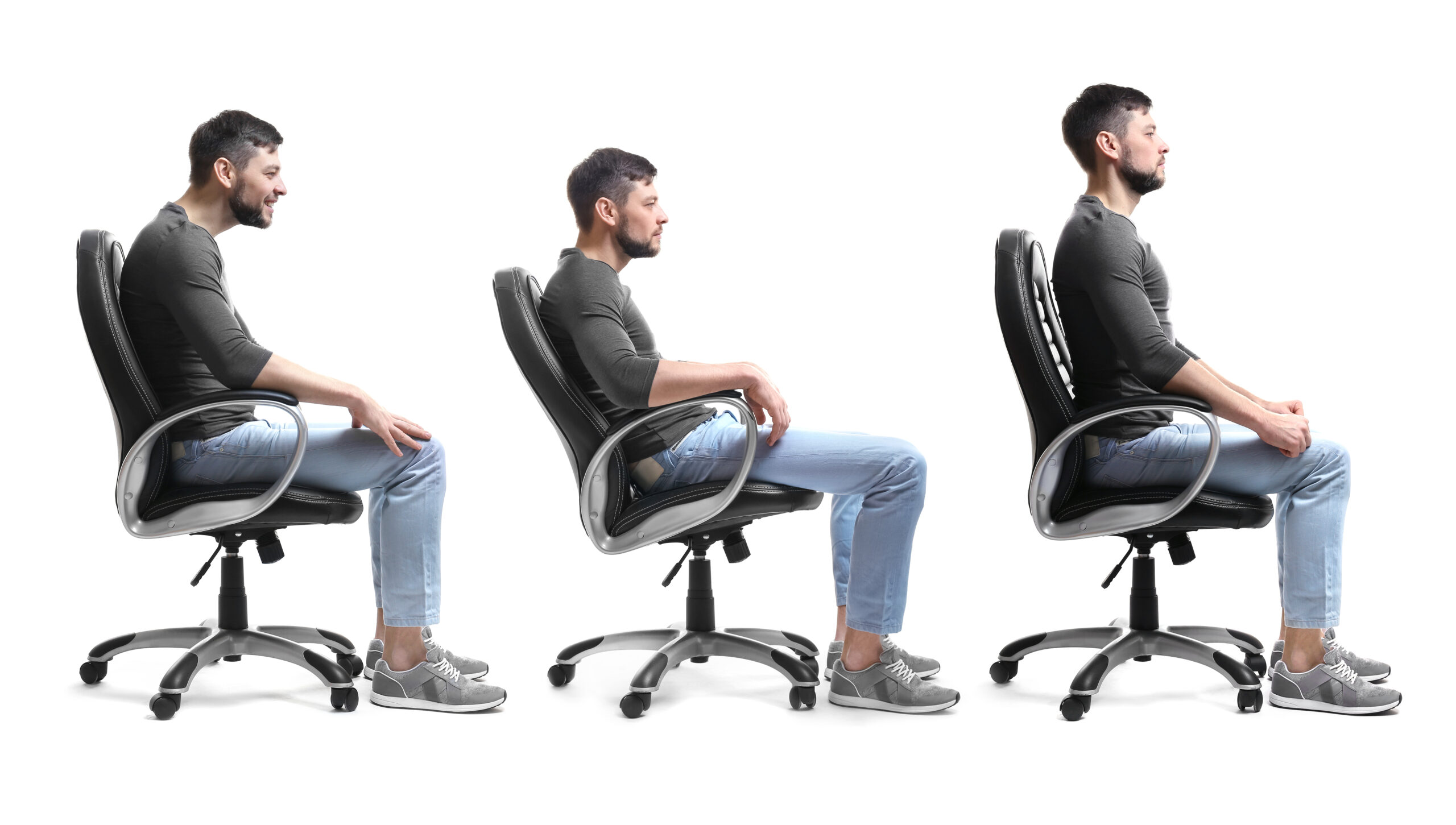 3 menn, sitter med hver sin holdning; krumbøyd, henslengt og rett i ryggen